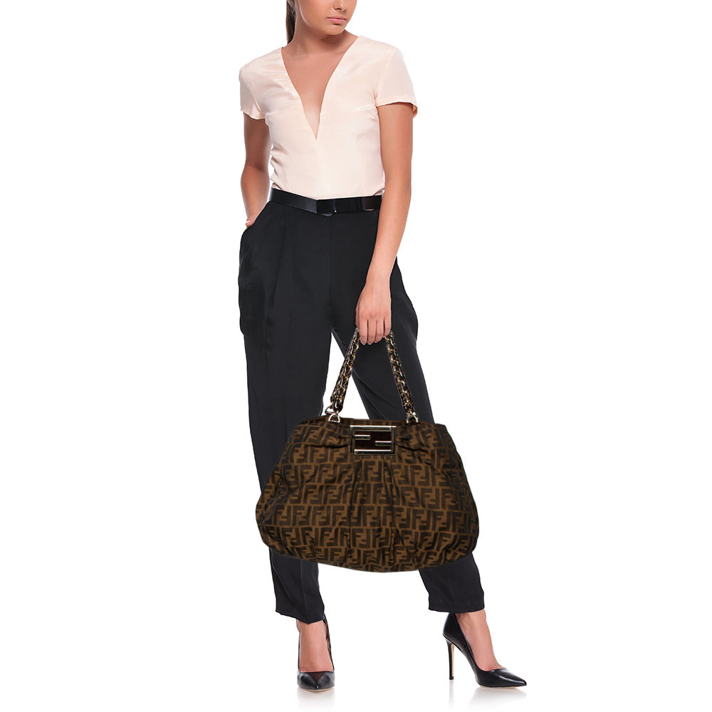 

Fendi Tobacco Zucca Canvas and Patent Leather Large Mia Chain Tote, Brown