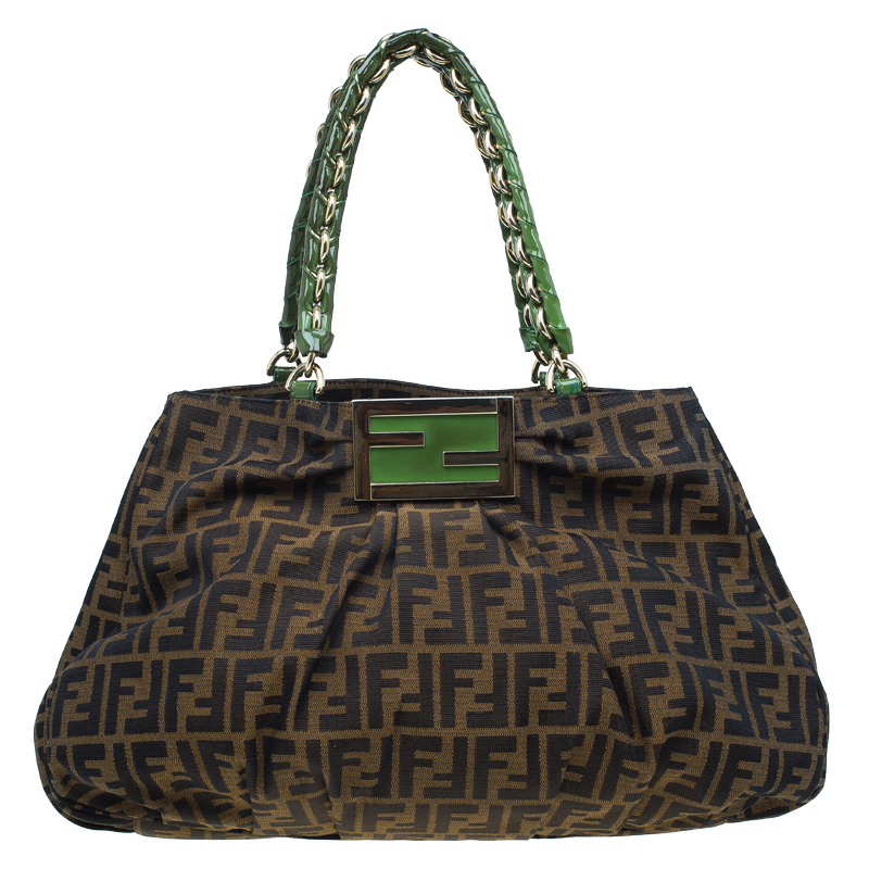 Pre Owned Fendi Tobacco/Green Zucca Canvas Large Mia Shoulder Bag