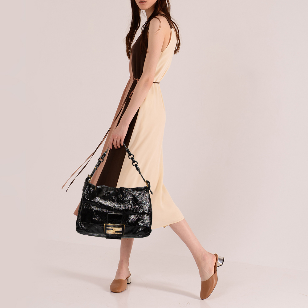 

Fendi Black Crinkled Patent Leather Mama Baguette Shoulder Bag