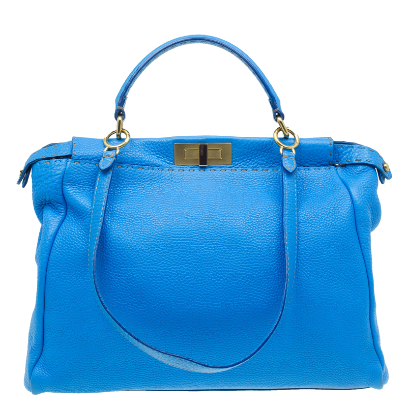 Pre Owned Fendi Blue Selleria Leather Large Peekaboo Top Handle Bag