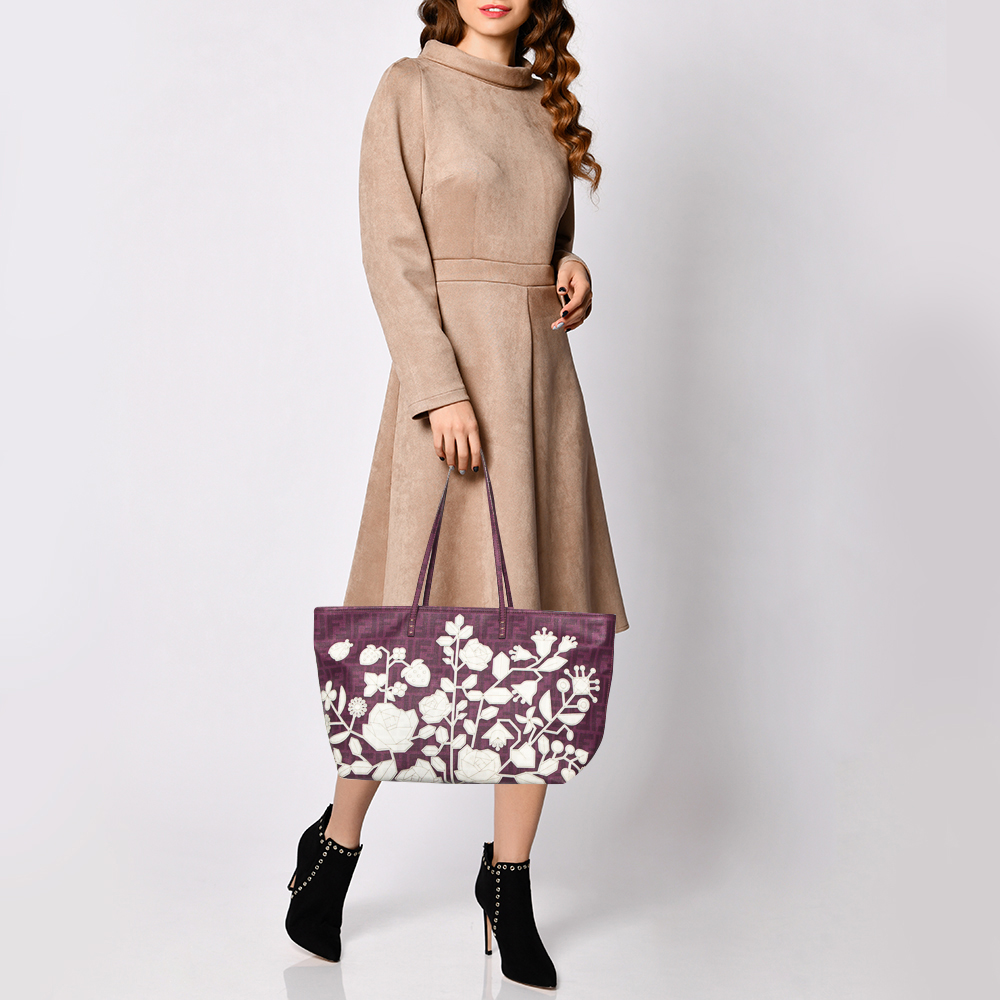 

Fendi Purple Zucca Coated Canvas Floral Embroidered Roll Tote