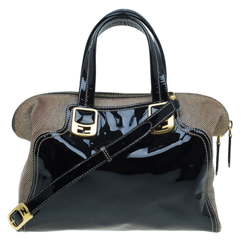 Pre Owned Fendi Black Patent Leather and Canvas Small Chameleon Satchel