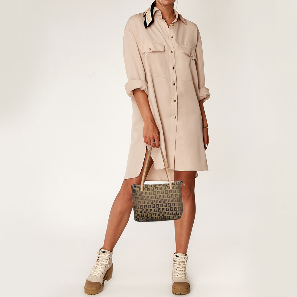 

Fendi Beige/Tobacco Zucchino Canvas and Leather Top Zip Tote