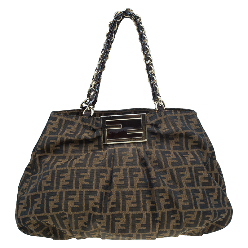 Pre Owned Fendi Tobacco/Black Zucca Canvas Large Mia Shoulder Bag