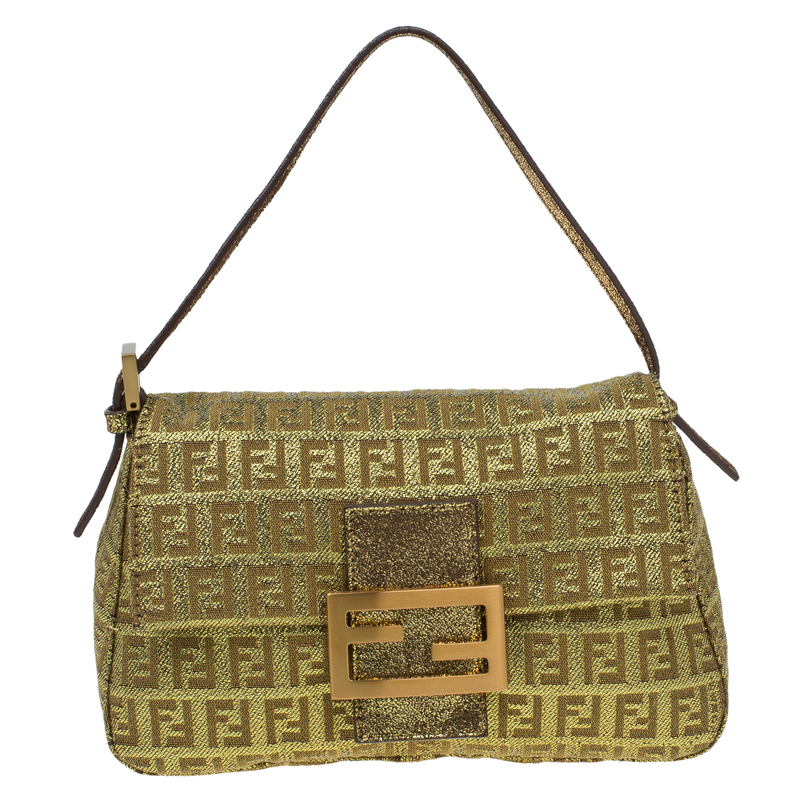 Pre Owned Fendi Gold Zucchino Canvas Mini Mama Shoulder Bag