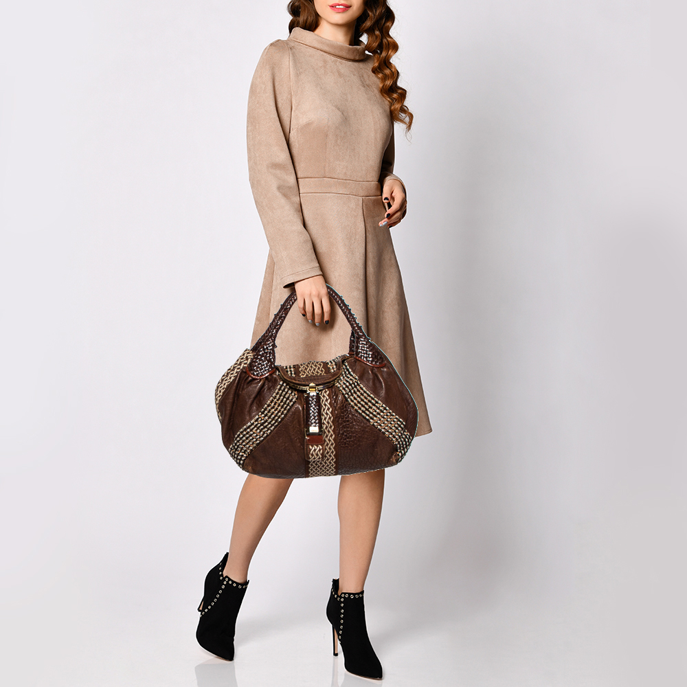 

Fendi Brown Leather and Fabric Beaded Spy Hobo