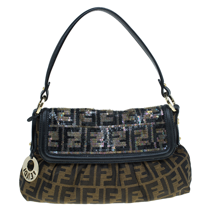 Pre Owned Fendi Tobacco Zucca Canvas and Sequins Chef Shoulder Bag