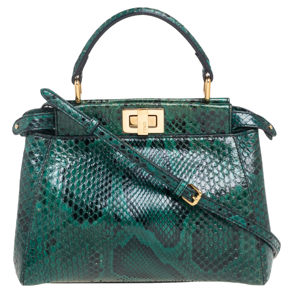 Pre-owned Fendi Green/black Python Mini Peekaboo Top Handle Bag