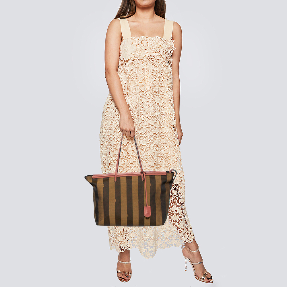 

Fendi Pink/Tobacco Canvas and Leather Roll Tote, Brown