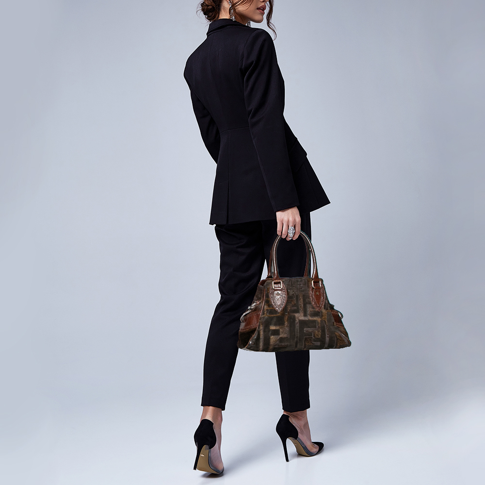 

Fendi Tobacco Zucca Calfhair and Leather Small Du Jour Tote, Brown