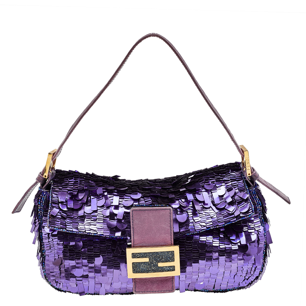 Pre-owned Fendi Purple Sequin And Leather Baguette Bag | ModeSens
