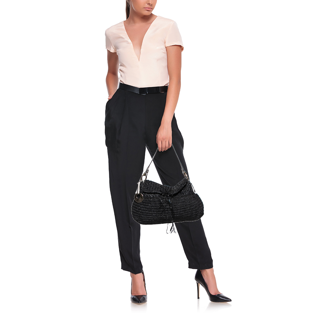 

Fendi Black Woven Straw Flap Shoulder Bag