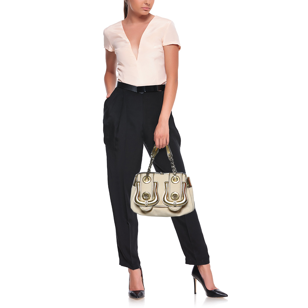 

Fendi Beige/Gold Canvas and Patent Leather B Shoulder Bag