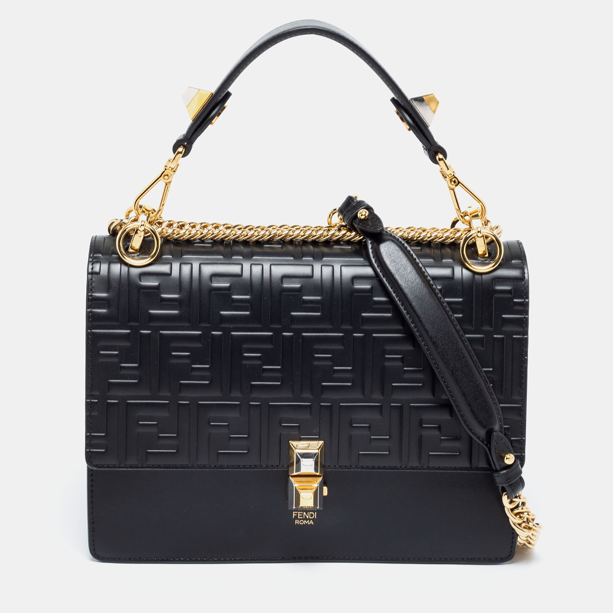 Pre Owned Fendi Black Leather Kan I Logo Embossed Top Handle Shoulder Bag