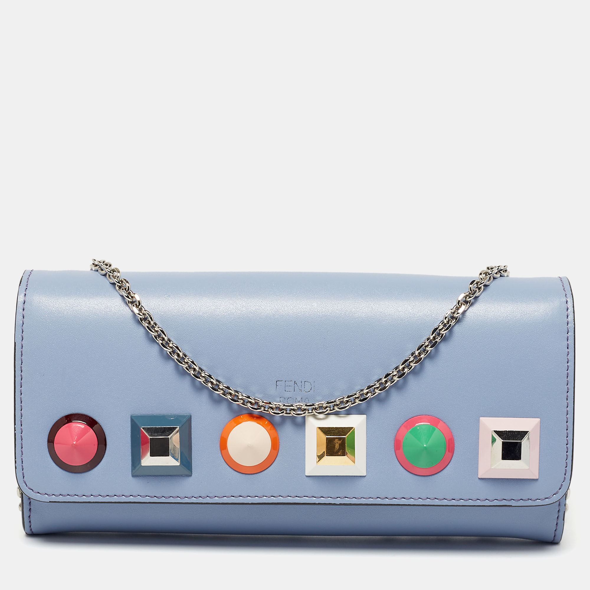 Fendi Continental Wallet on Chain Studded Leather Blue