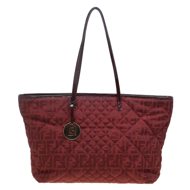 Pre Owned Fendi Red Zucca Quilted Canvas Roll Tote 