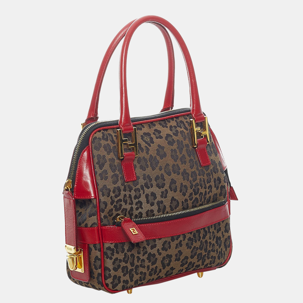 

Fendi Brown/Red Leopard Print Nylon Satchel