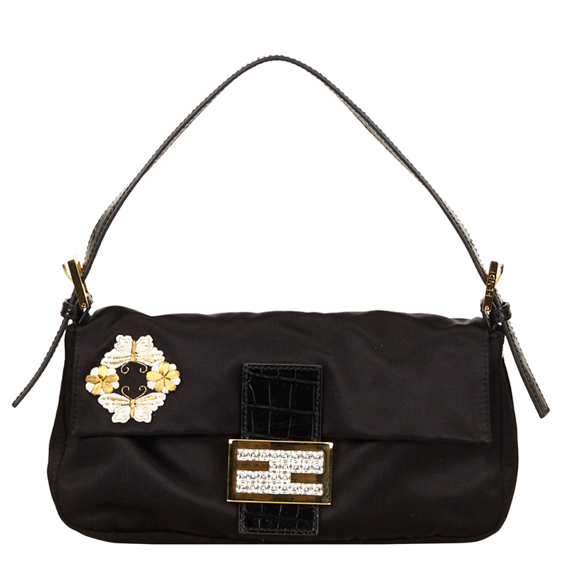 Pre Owned Fendi Black Satin Baguette Shoulder Bag