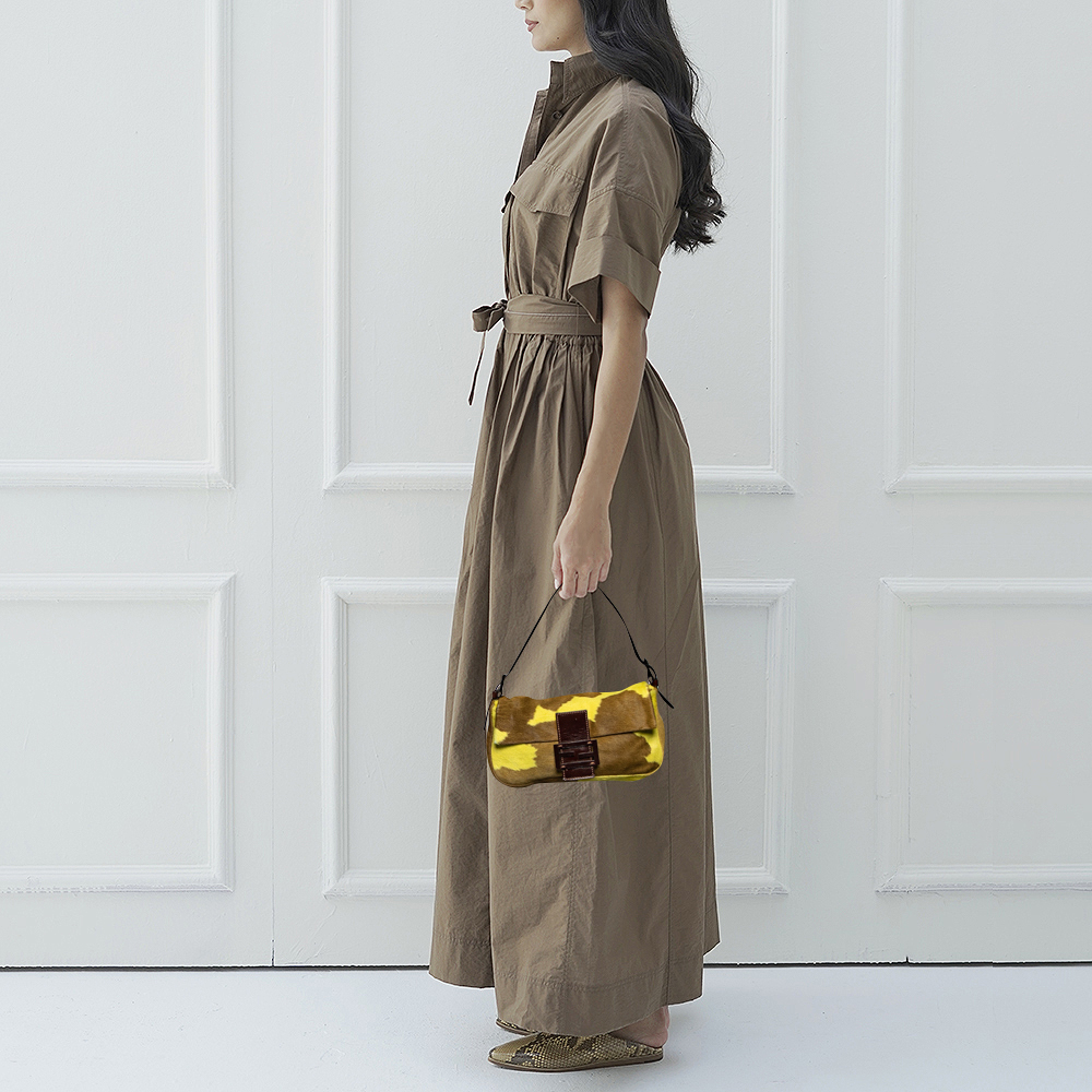 

Fendi Brown/Yellow Calf Hair and Leather Flap Baguette