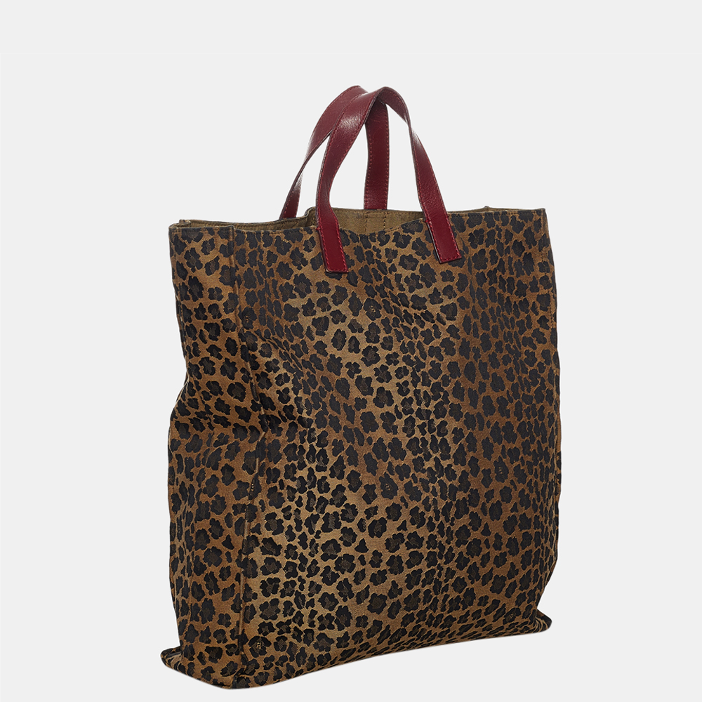 

Fendi Brown/Red Leopard Print Nylon Tote Bag