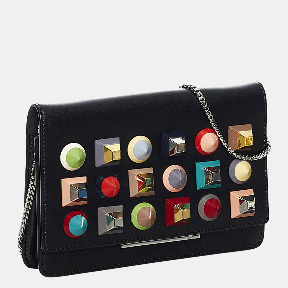

Fendi Black/Multi Color Studded Leather Wallet on Chain