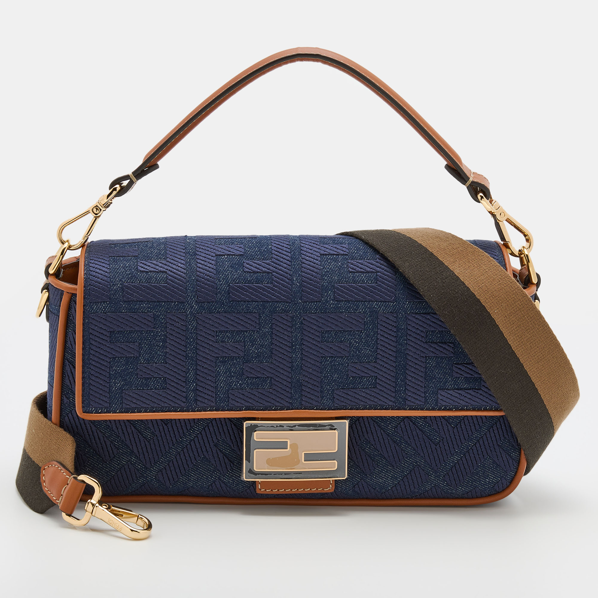 Fendi Navy Blue Canvas and Leather Baguette Bag