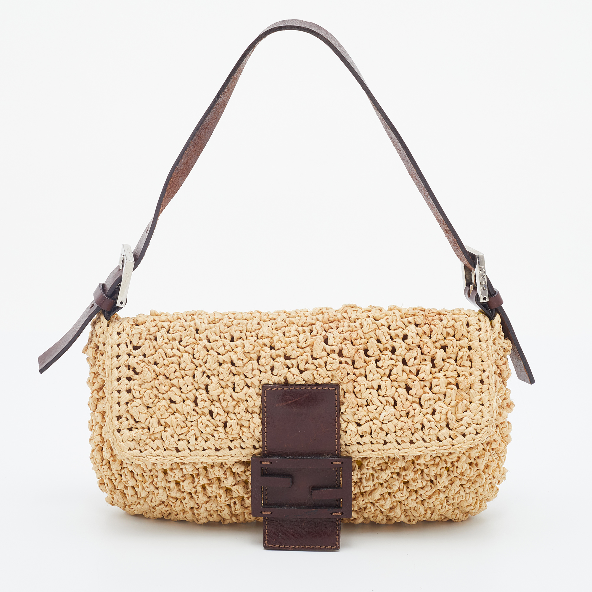 Fendi Beige/Dark Brown Raffia And Leather Baguette Bag