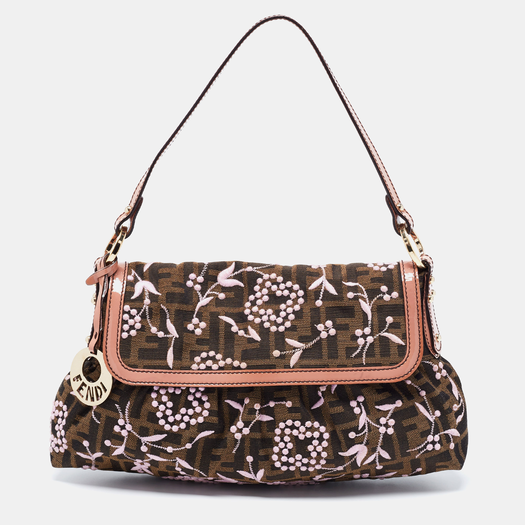 Pre Owned Fendi Brown Zucca Borsa Embroidered Canvas And Patent Leather Chef Bag