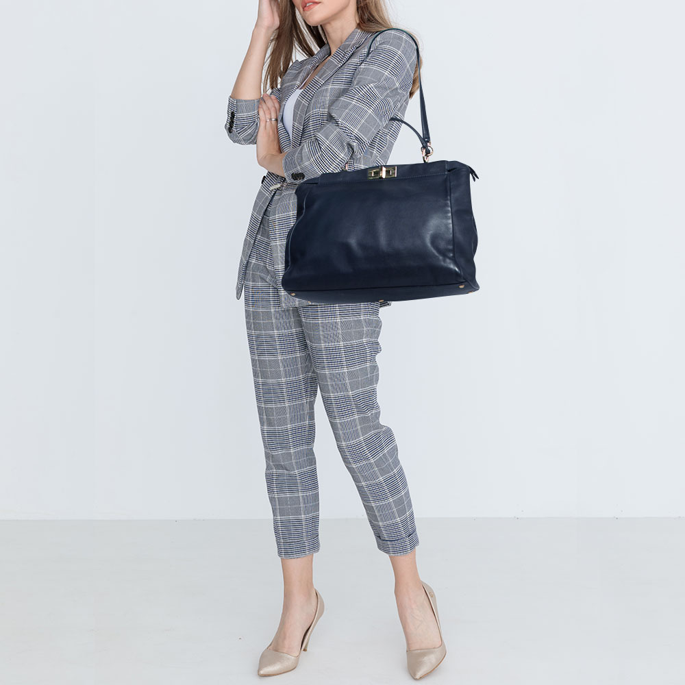

Fendi Dark Blue Leather Large Peekaboo Top Handle Bag, Navy blue