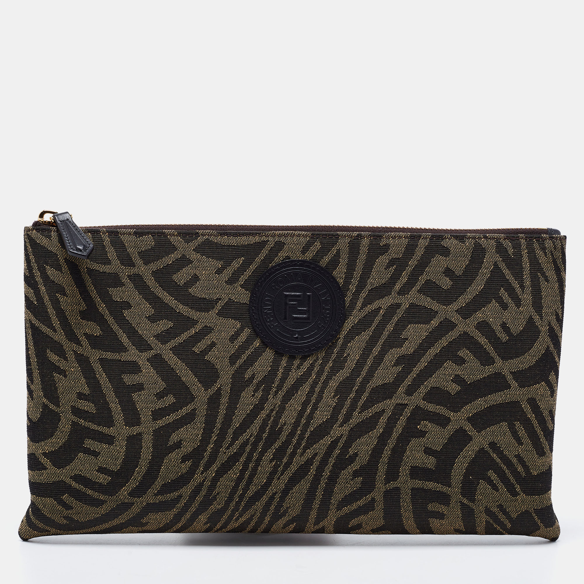 Pre Owned Fendi Tobacco Zucca Canvas Zip Pouch