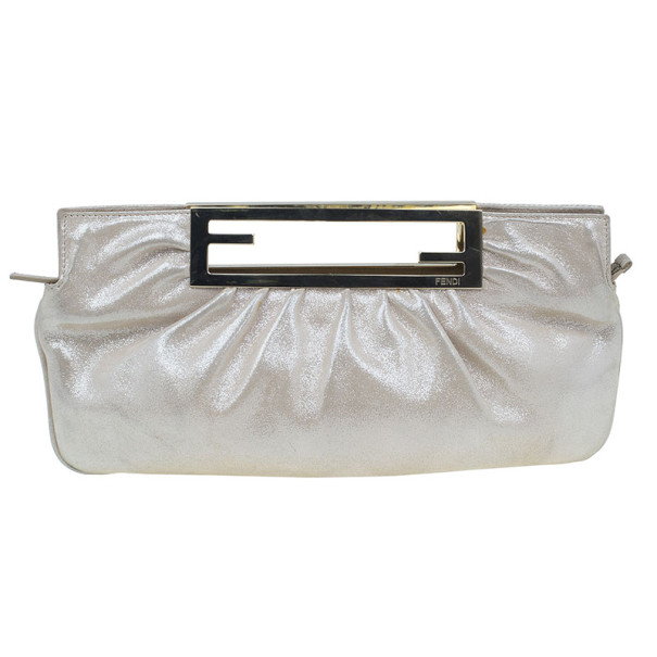 Pre Owned Fendi Gold Leather Logo Clutch