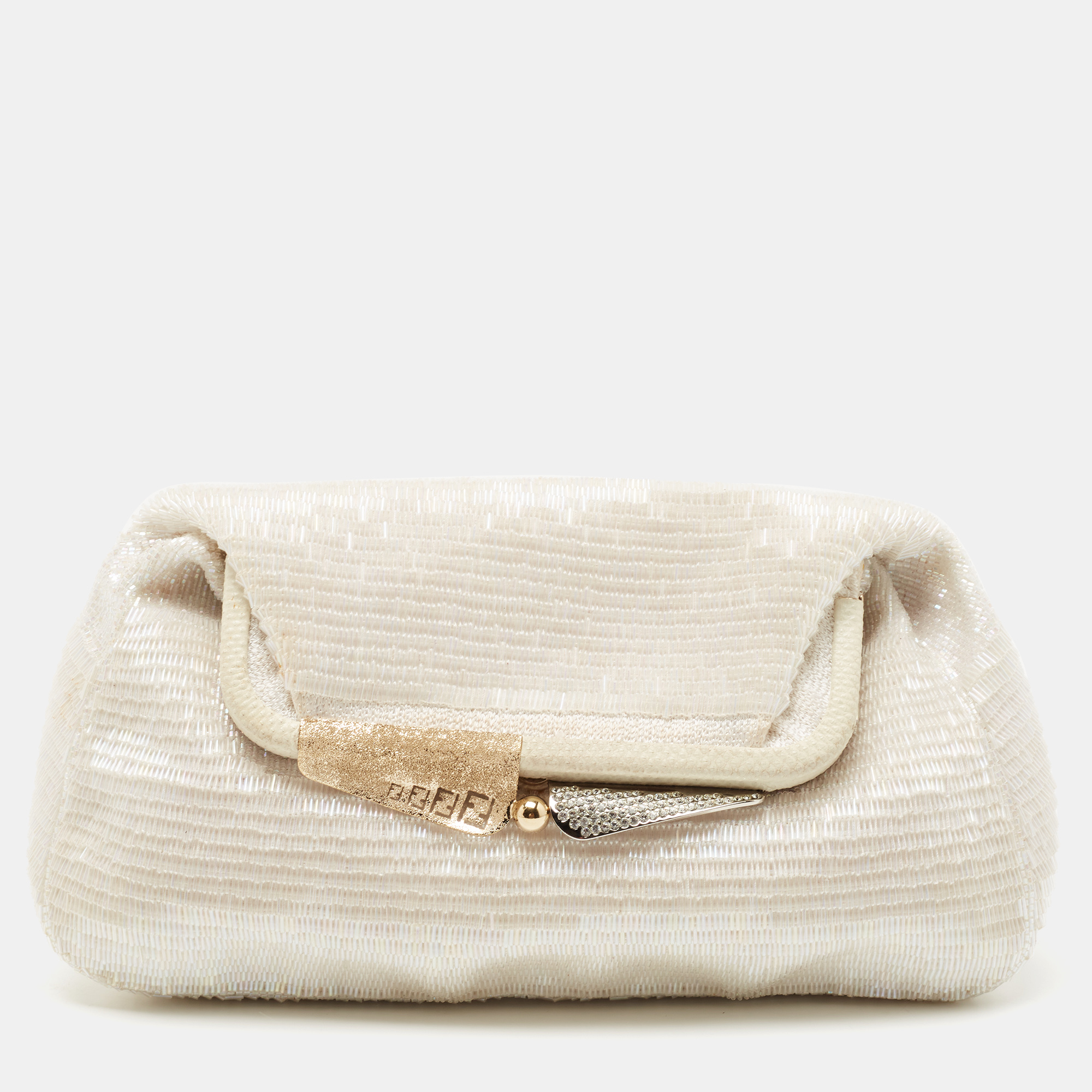 Pre Owned Fendi Off White Beads and Lizard Borderline Clutch