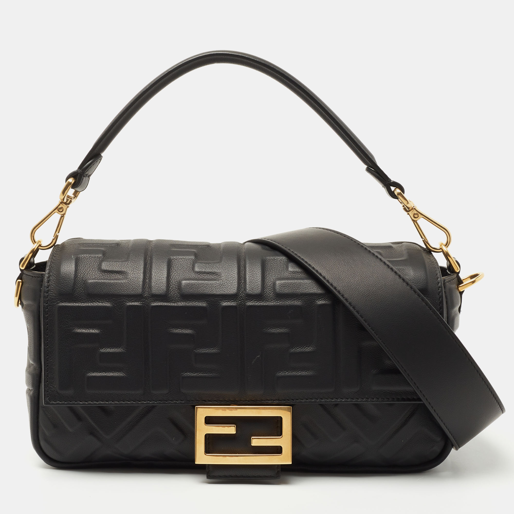 Fendi Black Zucca Embossed Leather Medium Baguette Bag