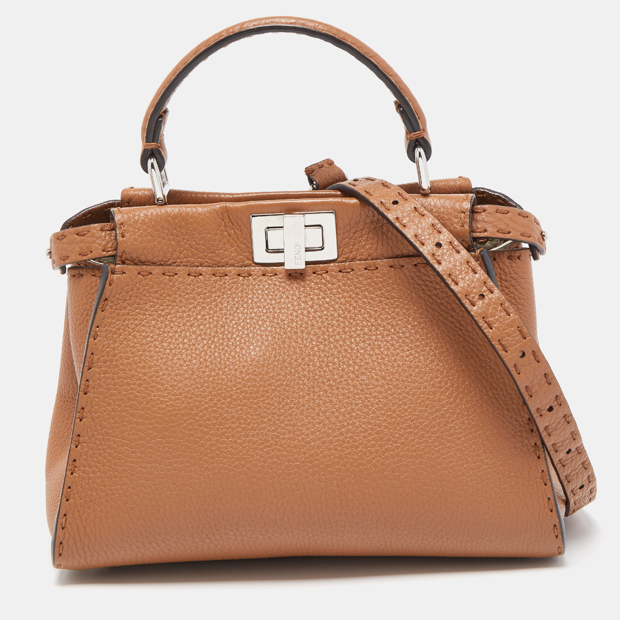 Fendi Brown Selleria Leather Mini Peekaboo Top Handle Bag