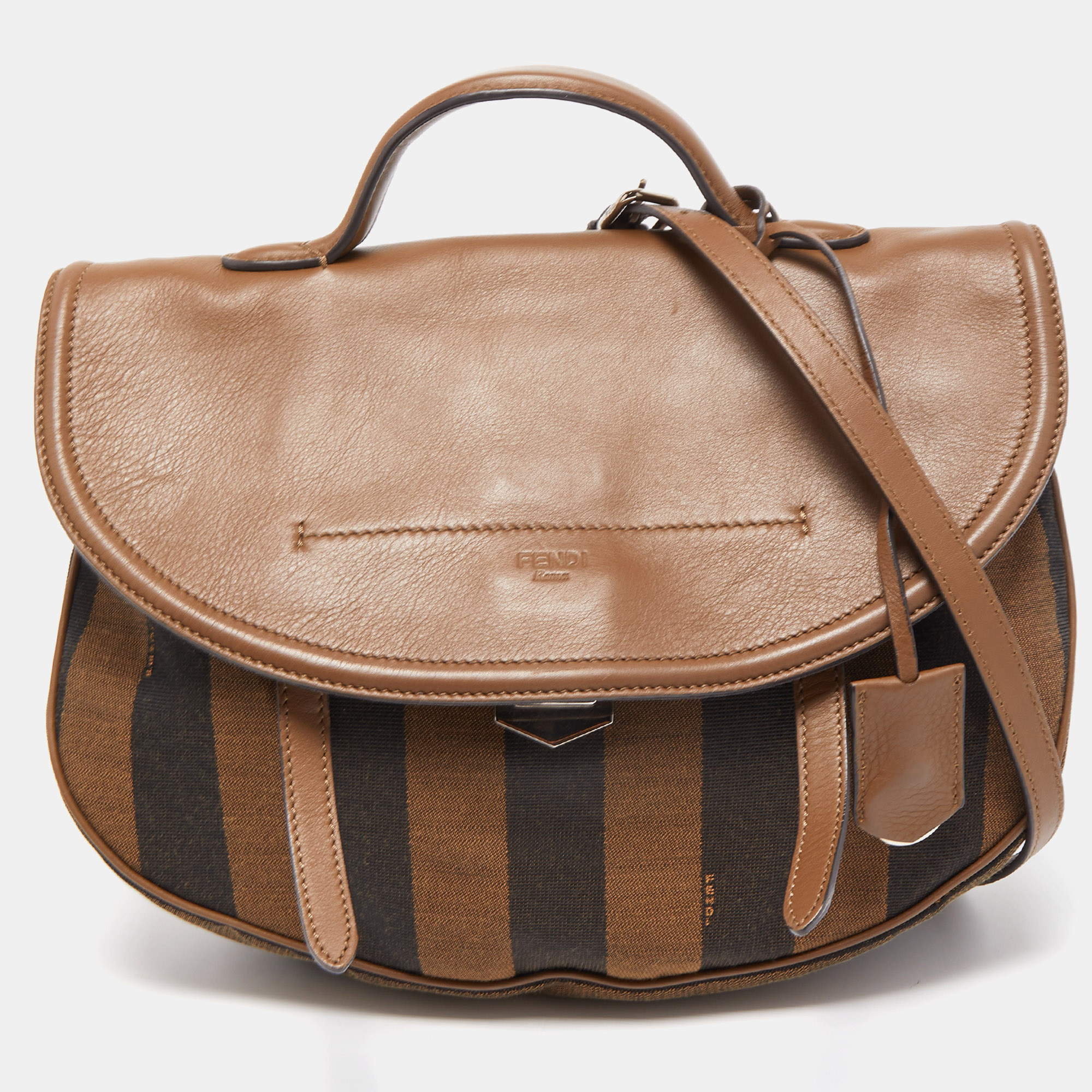Pre Owned Fendi Tobacco Stripe Canvas and Leather Saddle Top Handle Bag