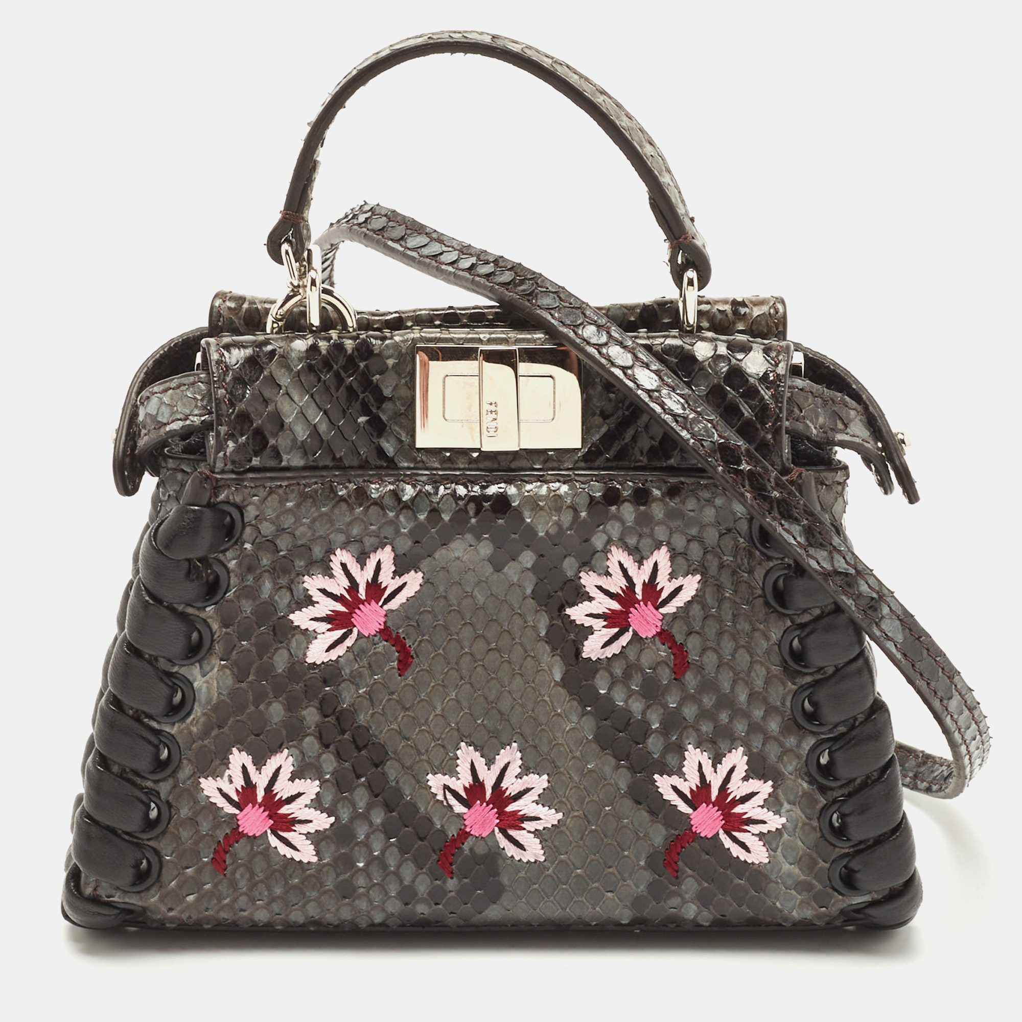 Pre-owned Fendi Grey/black Python Floral Embroidered Micro Peekaboo  Crossbody Bag