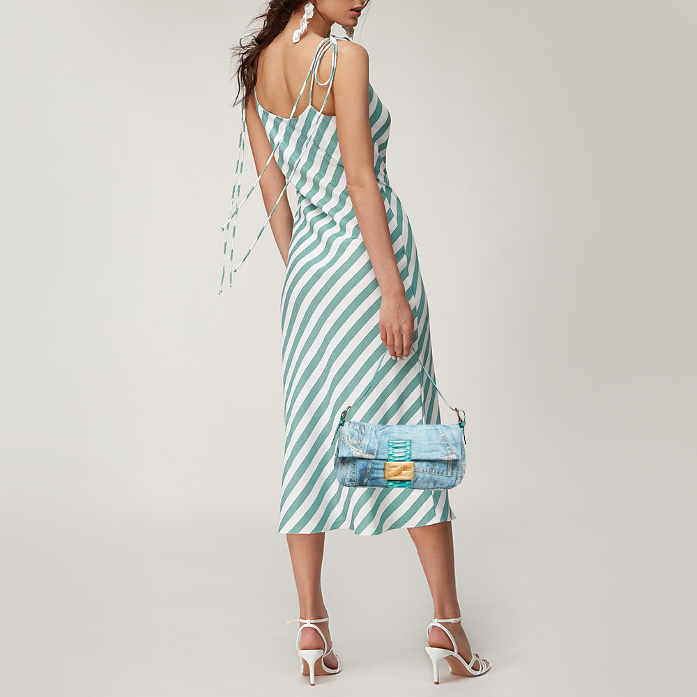 

Fendi Green/Blue Denim Print Fabric and Snake Leather Baguette Bag