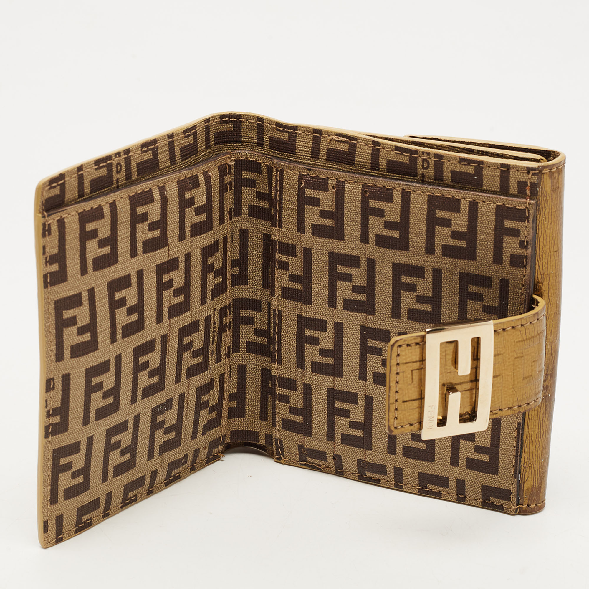 

Fendi Gold Zucchino Laminated Leather FF French Wallet