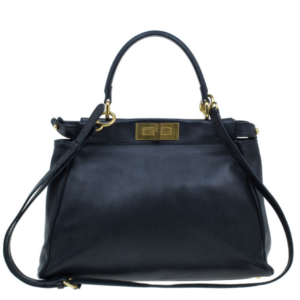 Pre Owned Fendi Black Calfskin Leather Small Peekaboo Tote