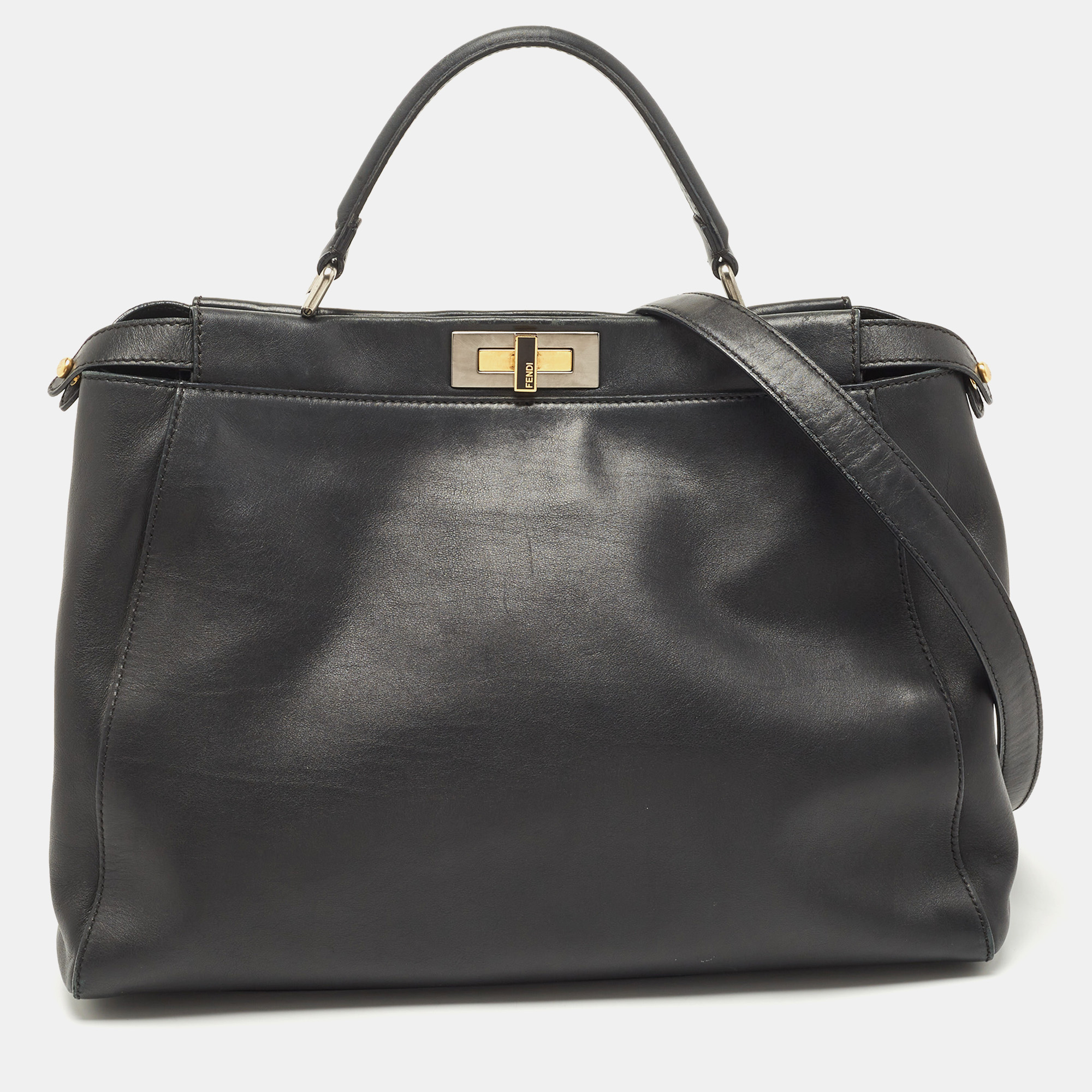 Pre Owned Fendi Black Leather Large Peekaboo Top Handle Bag
