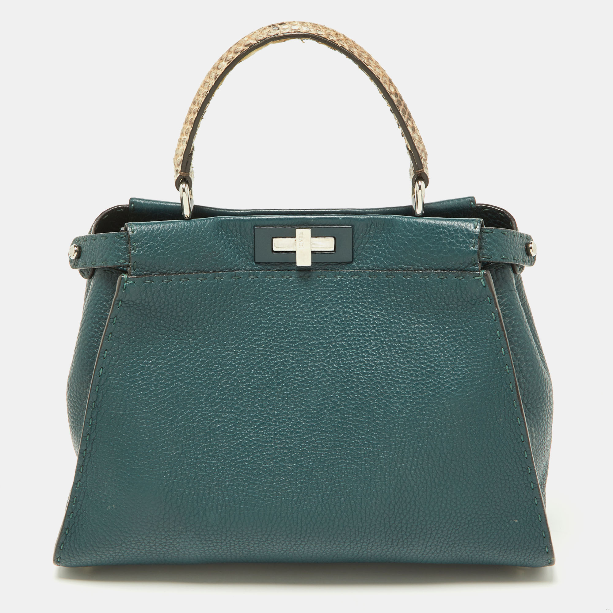 Pre-owned Fendi Green Selleria Leather And Python Medium Peekaboo Top Handle Bag