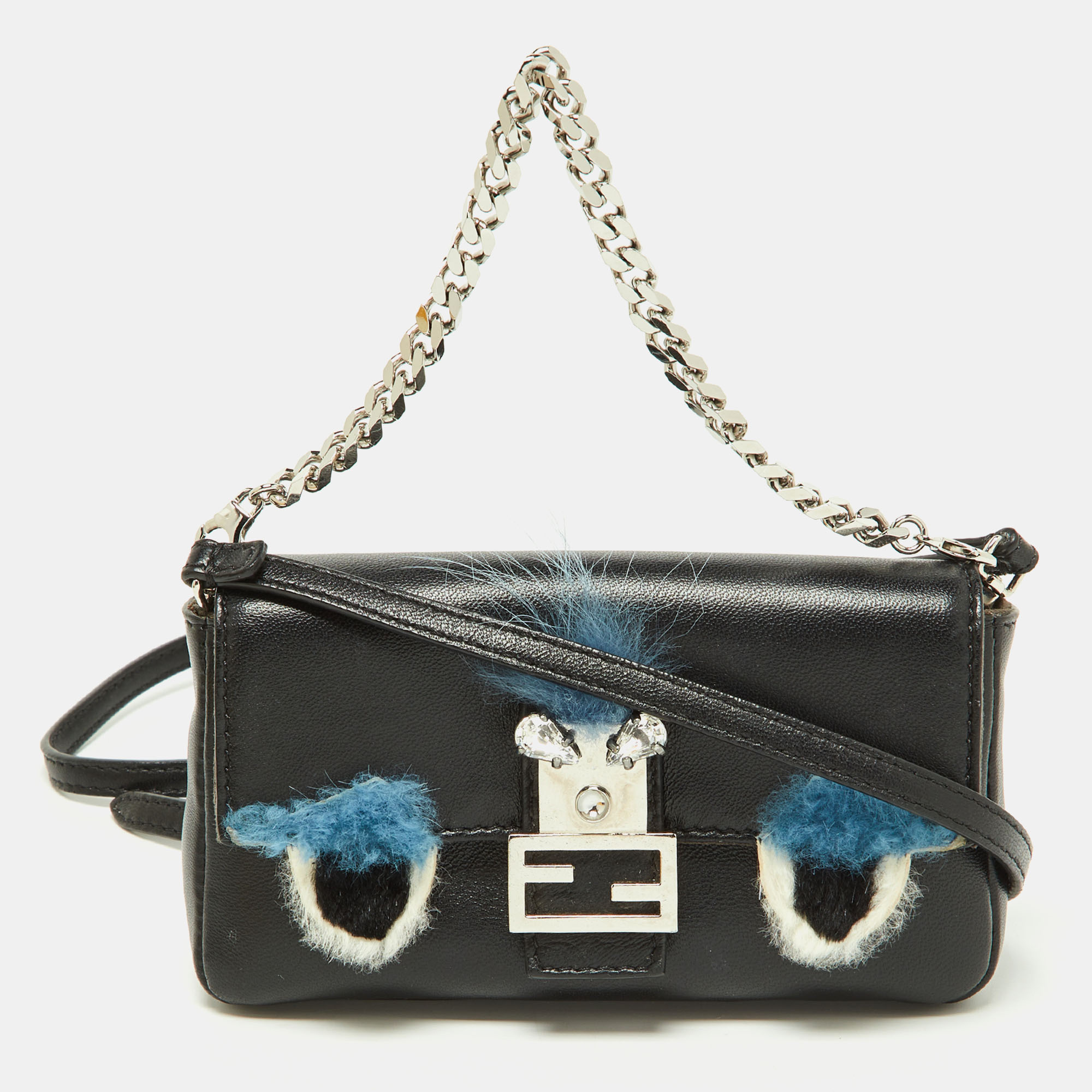 Pre-owned Fendi Multicolor Leather And Fox Fur Micro Buggie Baguette Bag