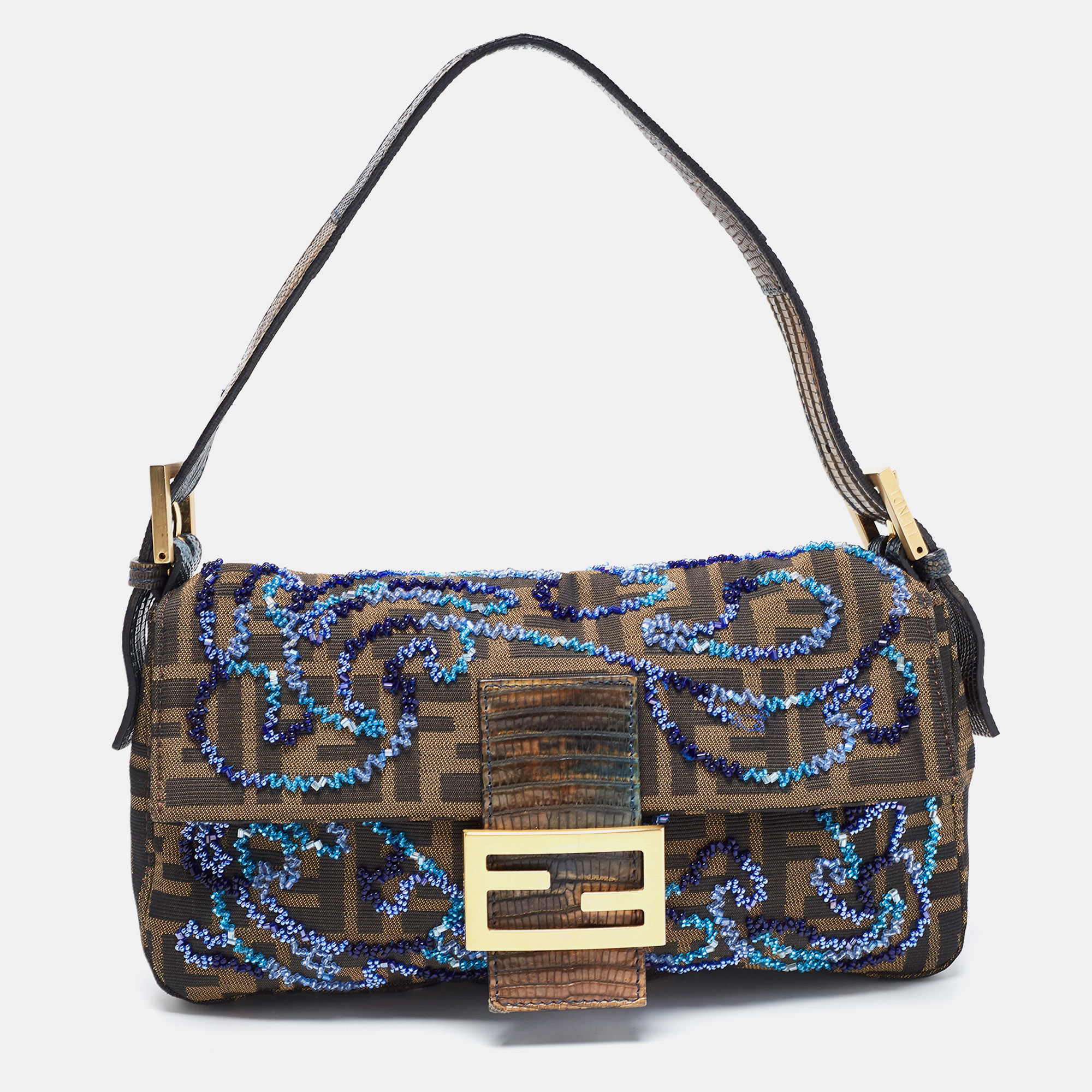 Fendi Tobacco Zucca Canvas Bead Embellished Baguette Bag
