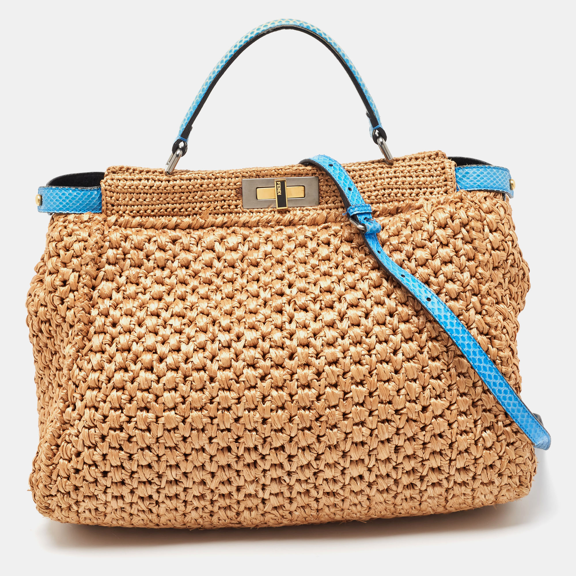 Pre Owned Fendi Beige/Blue Raffia and Watersnake Large Peekaboo Top Handle Bag