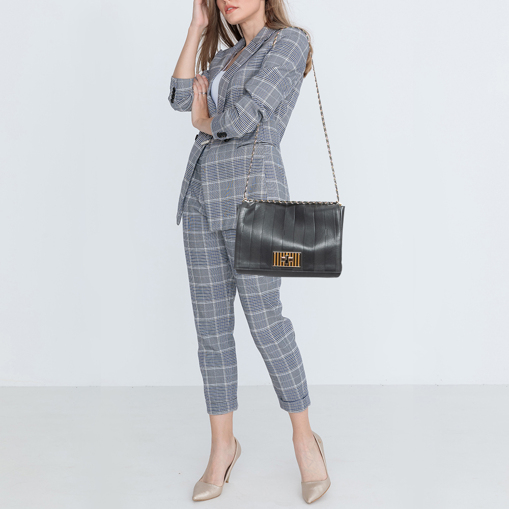 

Fendi Black Pequin Stripe Embossed Leather Large Claudia Shoulder Bag