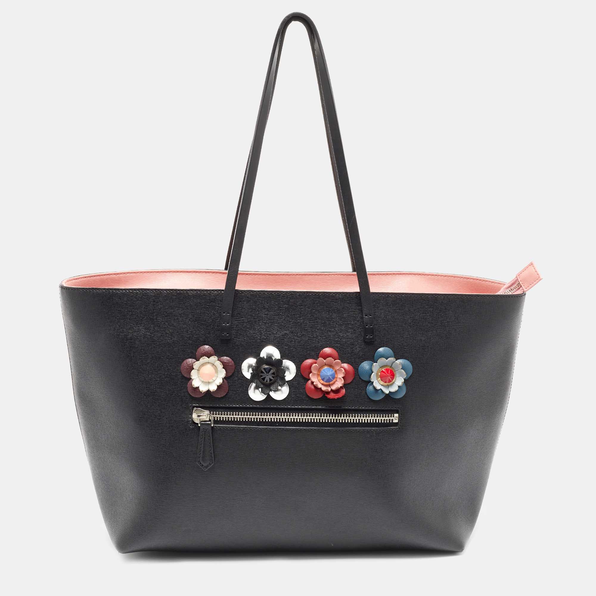 Pre-owned Fendi Black/peach Leather Monster Roll Tote