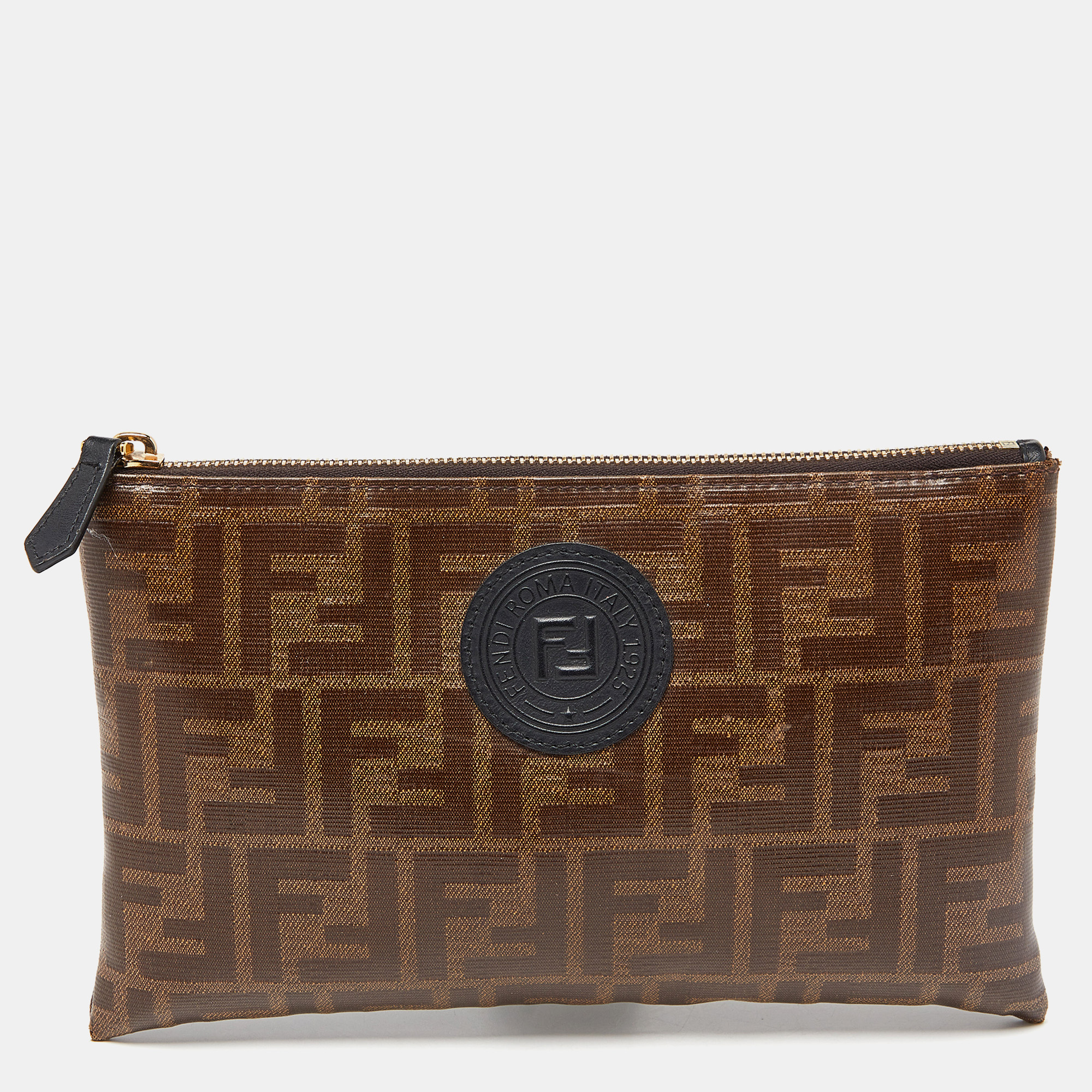 Pre-owned Fendi Brown Zucca Coated Canvas Zip Pouch