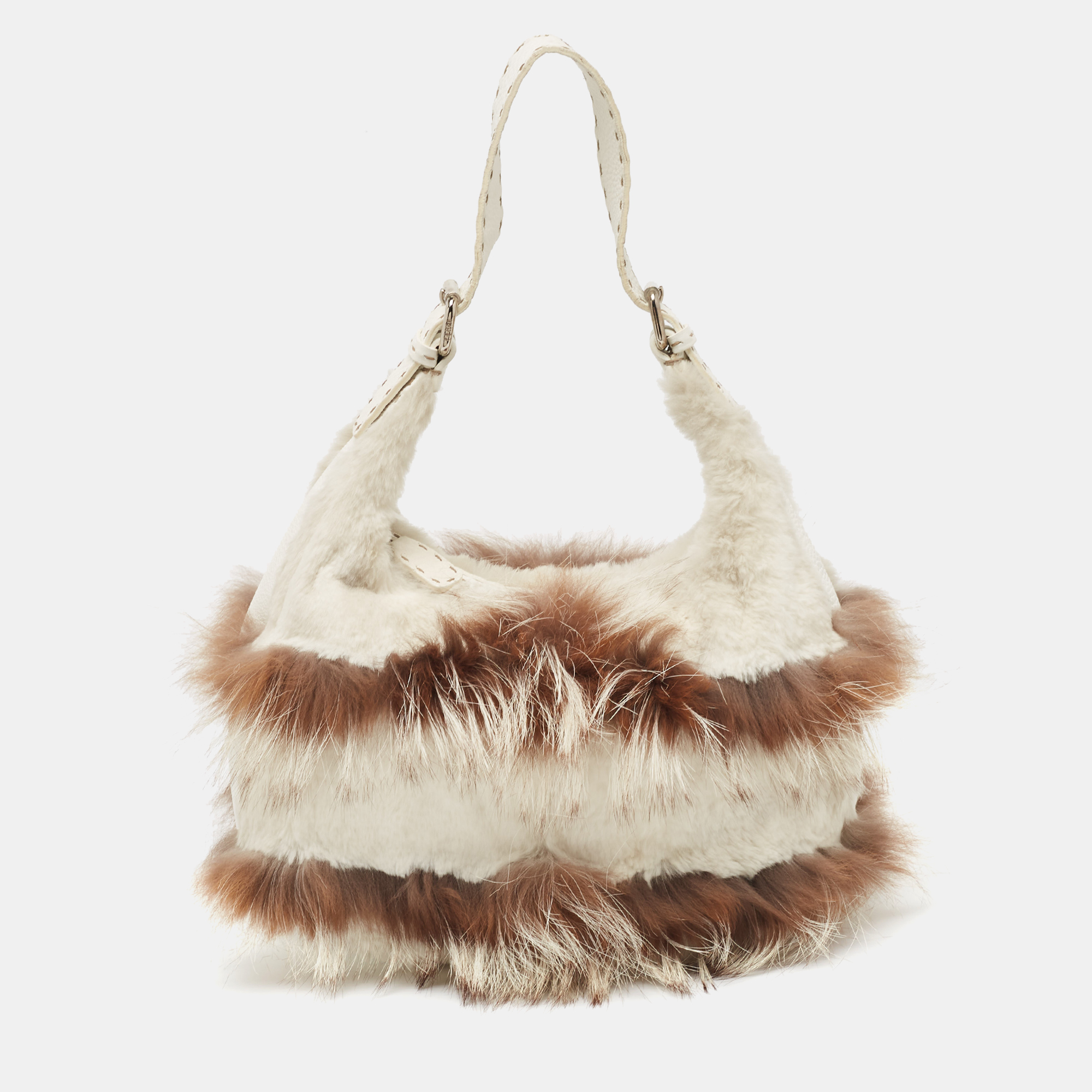 Pre-owned Fendi White/brown Selleria Leather And Rabbit Fur Zip Hobo