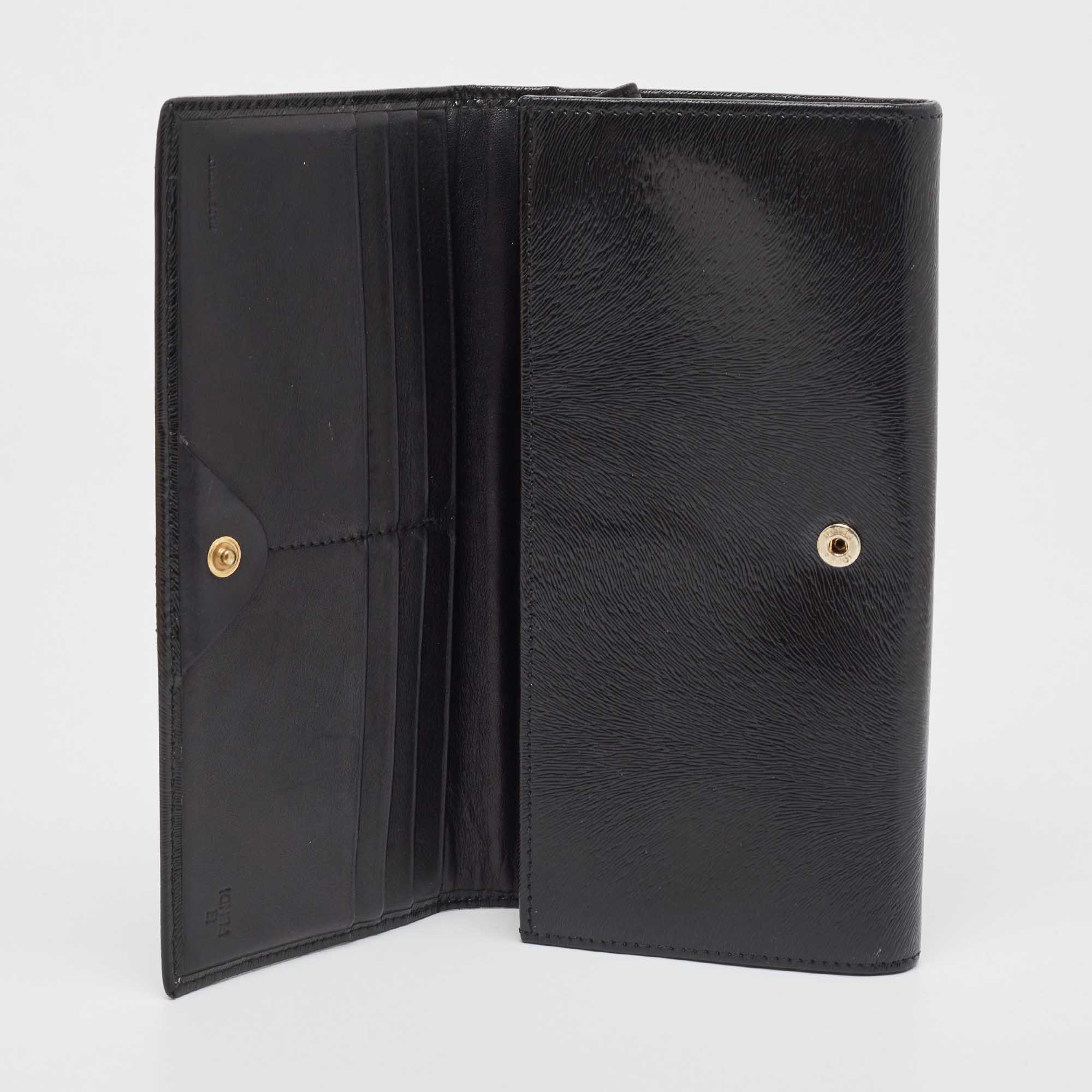 

Fendi Black Glossy Leather Logo Flap Continental Wallet