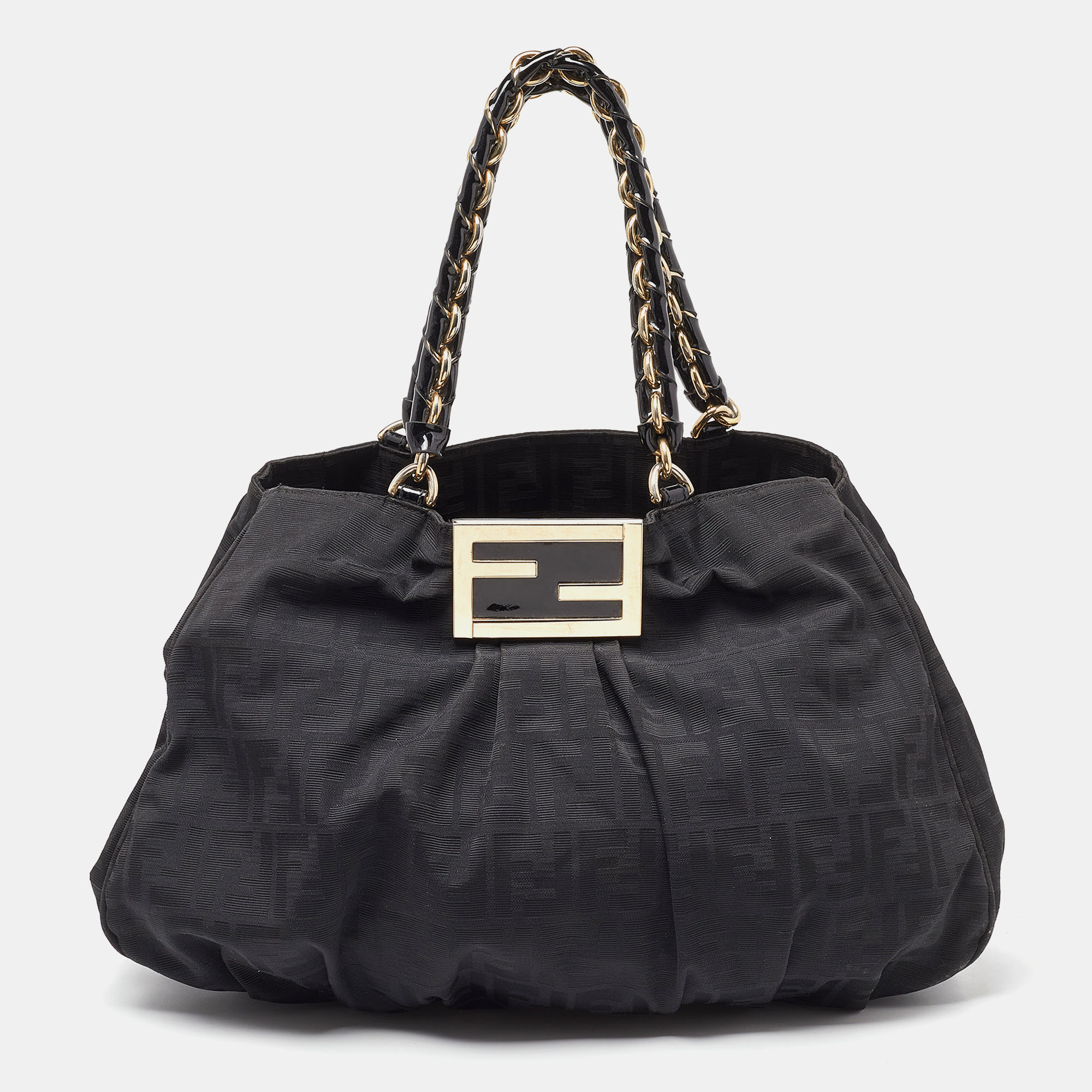 Pre-owned Fendi Black Zucca Canvas And Patent Leather Mia Shoulder Bag
